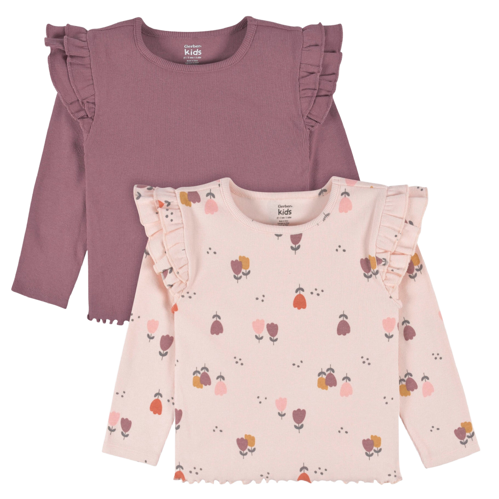 2 Pack Ribbed Tops - Tulip Print & Rose