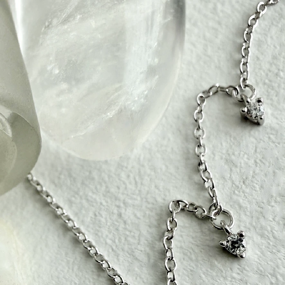 "Avalon" Tiny Rhinestone Drops Charm Necklace - Silver