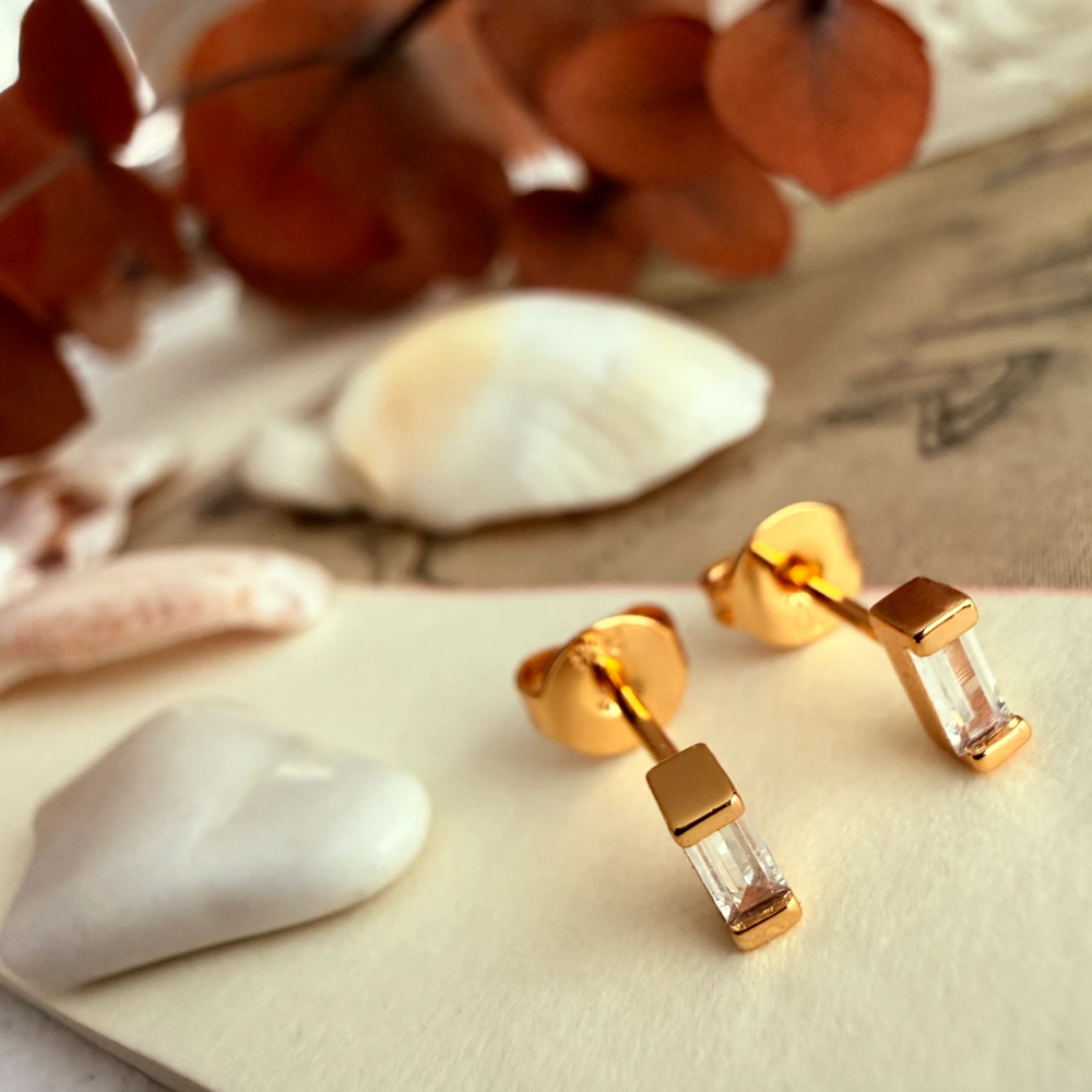 "Carroll" Baguette Crystal Stud Earrings - Gold