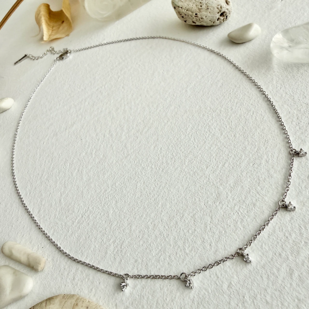 "Avalon" Tiny Rhinestone Drops Charm Necklace - Silver