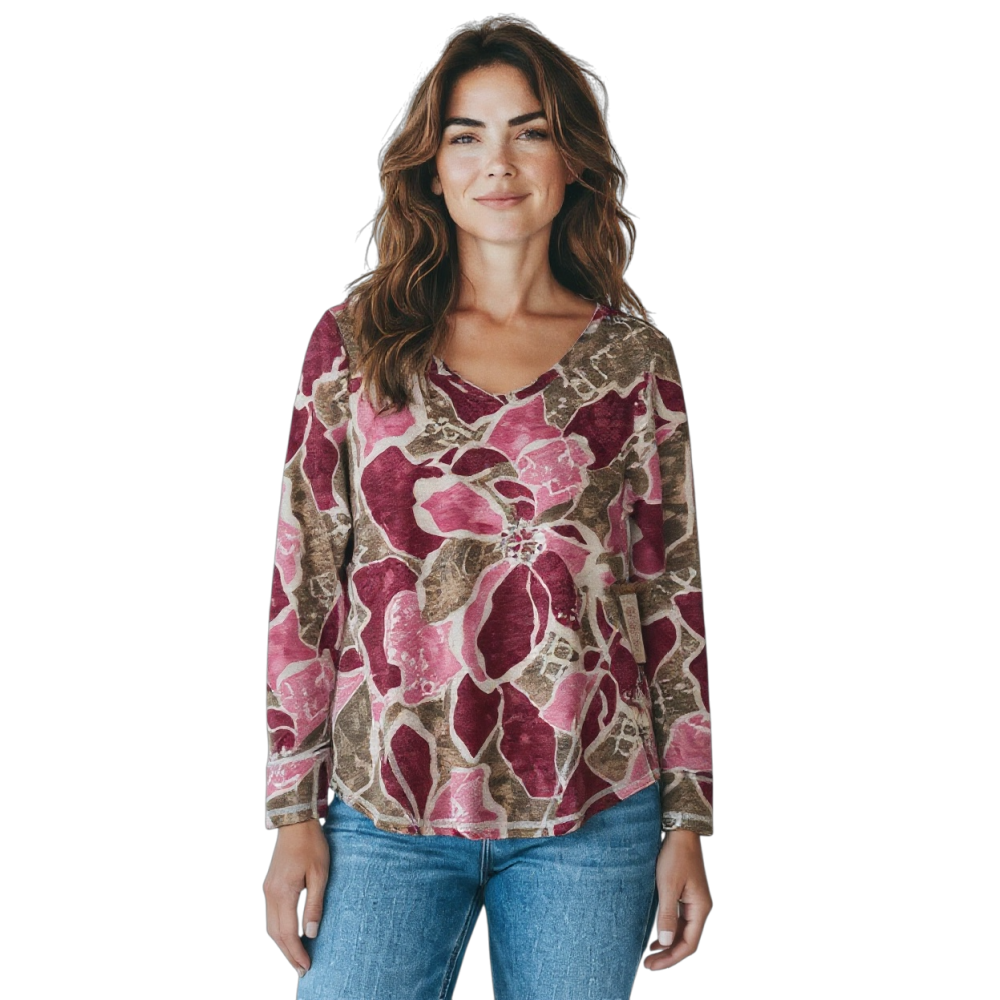 Escape - V Neck Floral Burgundy/Taupe