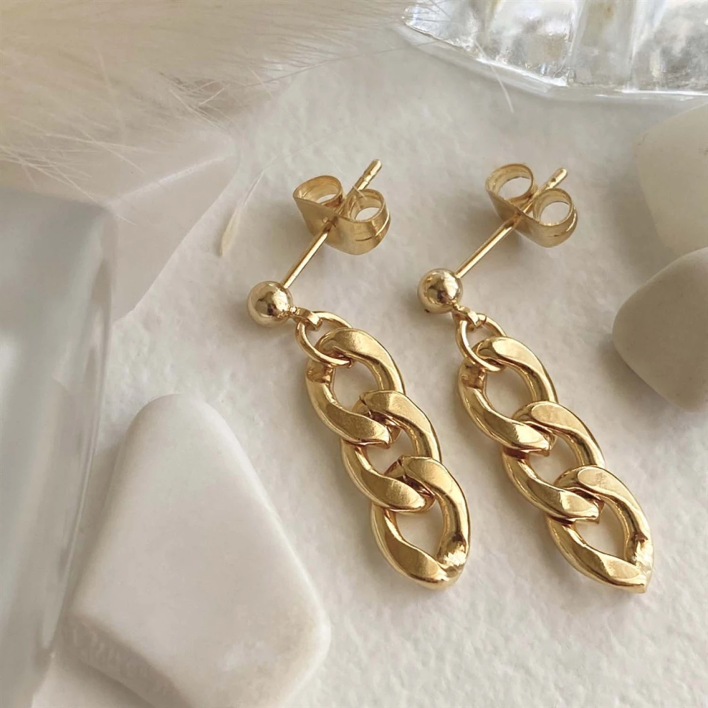 "2 Chainz" Large Curb Chain Drop Stud Earrings - Gold