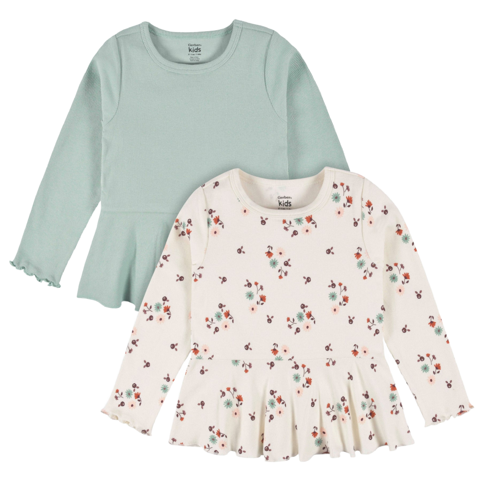 2 Pack Peplum Tops - Floral Print & Sage