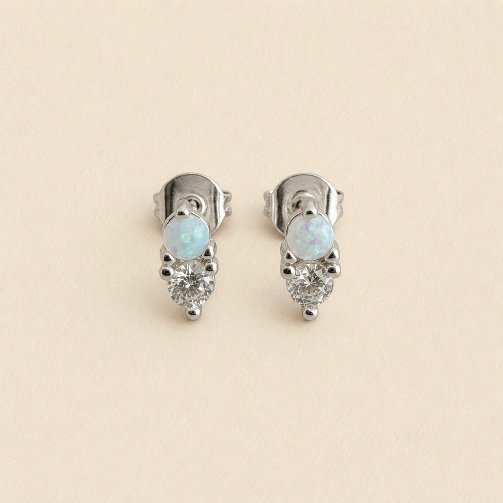 "Binaural" Opal and Rhinestone Stud Earrings - Silver