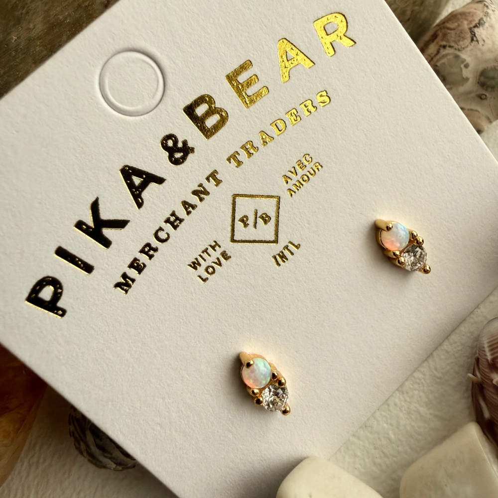 "Binaural" Opal and Rhinestone Stud Earrings - Silver