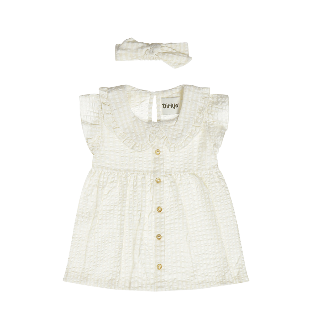 White baby dress with ruffled sleeves and gold buttons, paired with a matching headband on a white background.