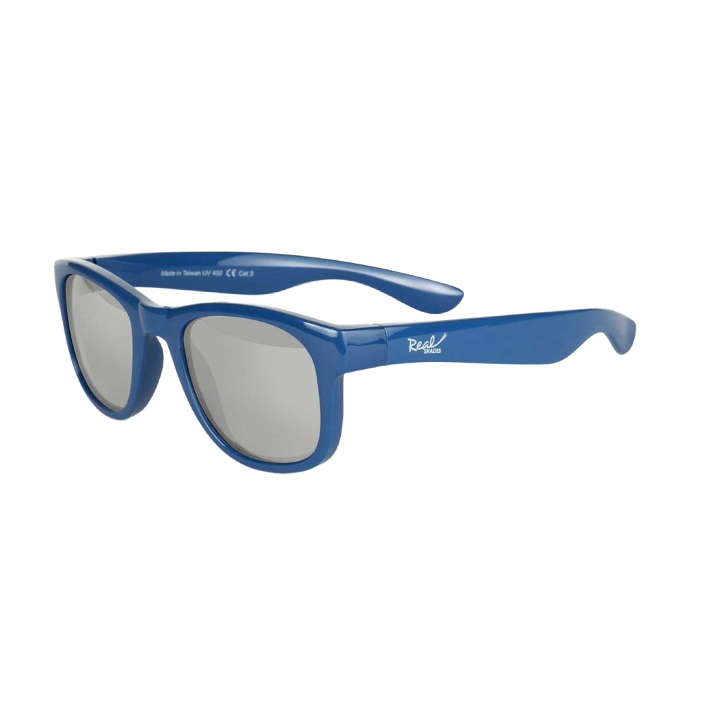 Blue sunglasses with a clear lens on a white background