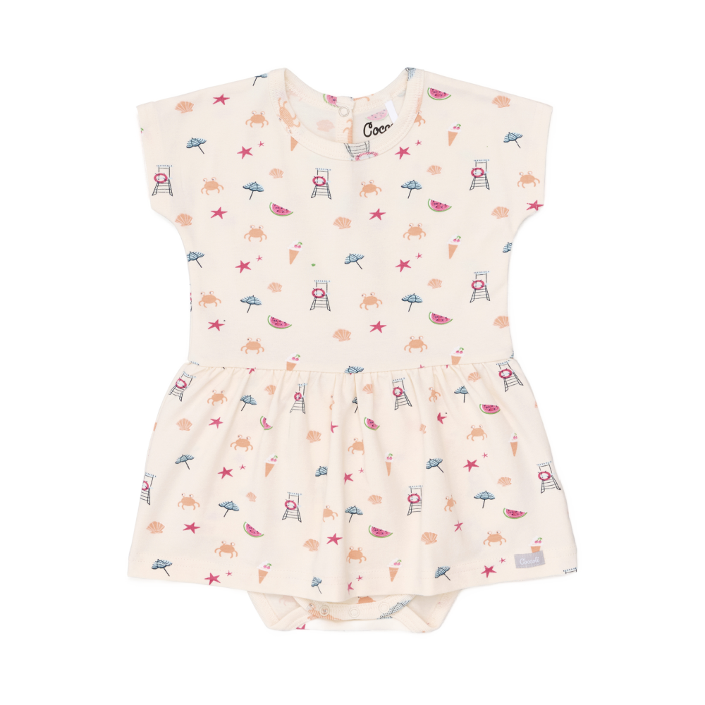 Baby romper with colorful pattern on a white background