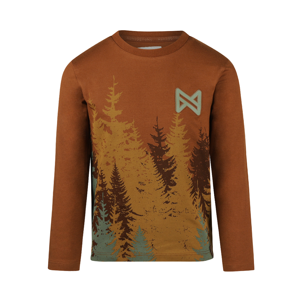 Brown long-sleeve shirt with forest design and logo on a white background