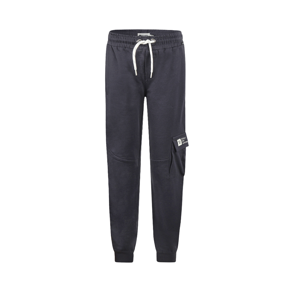 Dark gray jogger pants with a white drawstring on a white background