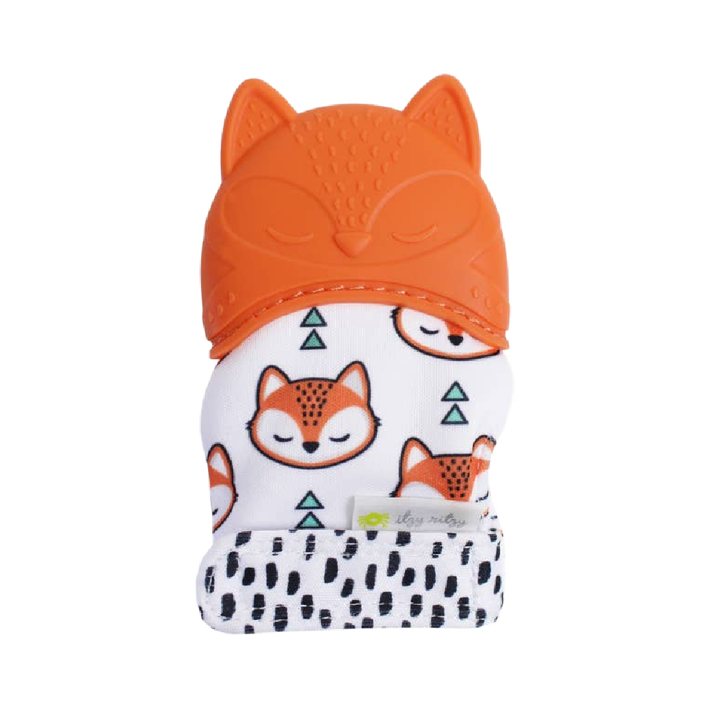 Fox-themed baby teether with orange top and white body featuring fox designs on a white background.